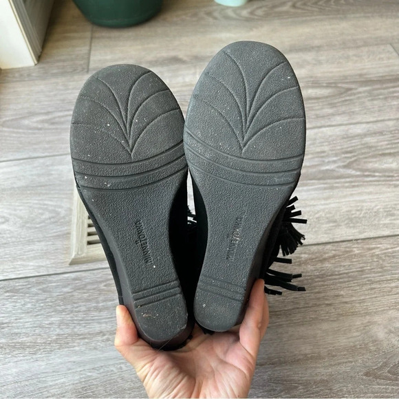 Minnetonka Black  Lace-Up Fringe Wedge Booties - Picture 11 of 12